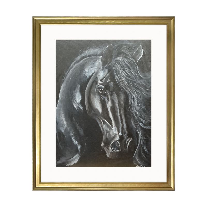 The Black, an original acrylic horse painting by Jennifer F, showing a black horse emerging from a dark background.