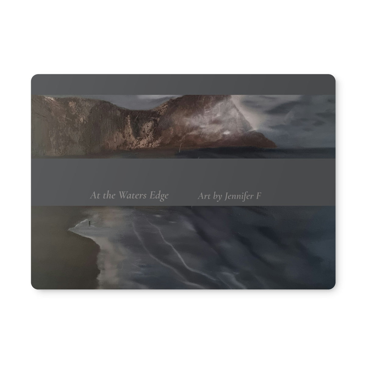 At the Water’s Edge rectangular art placemat by Jennifer F, featuring a rugged rocky coastline, dark moving water and muted coastal colours.