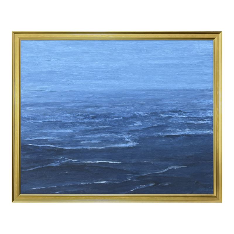 Original seascape painting showing a calm ocean beneath a softly layered sky with a misty horizon and gentle reflections across the water.