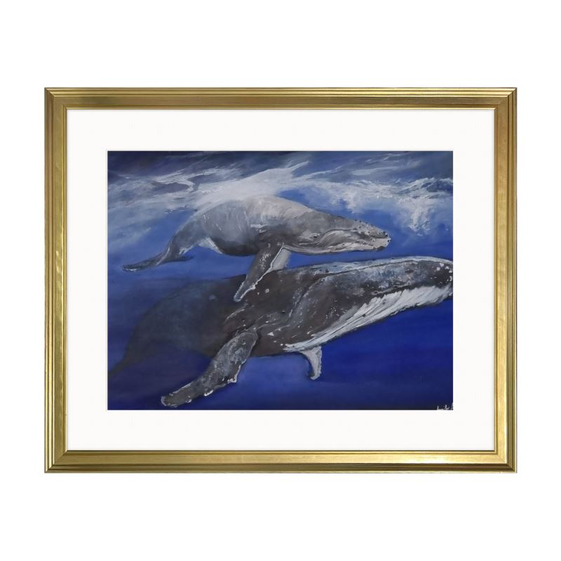 From the Deep original whale artwork by Jennifer F, showing a mother whale and calf beneath the ocean.