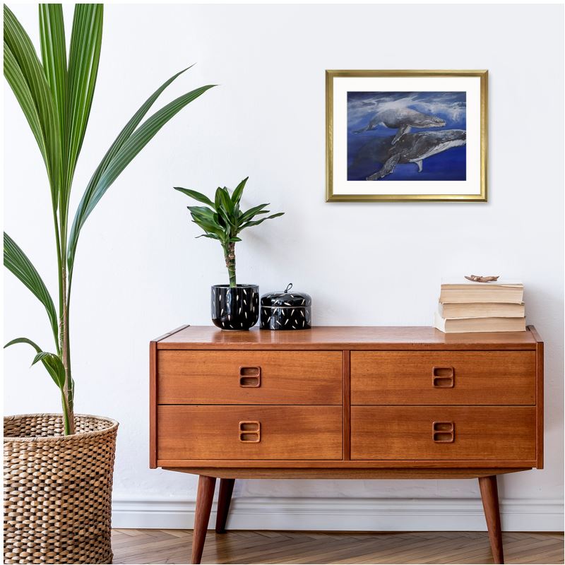 A tender mother–calf whale portrait that reflects guidance, strength, and connection. “From the Deep” is perfect for nature-loving, serene interiors.