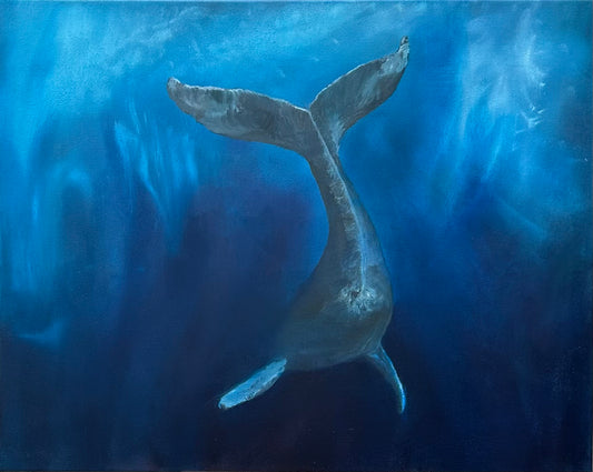 A soulful whale painting inspired by the quiet pull of home. “Drifting Between Worlds” brings depth, emotion, and oceanic calm to any space.