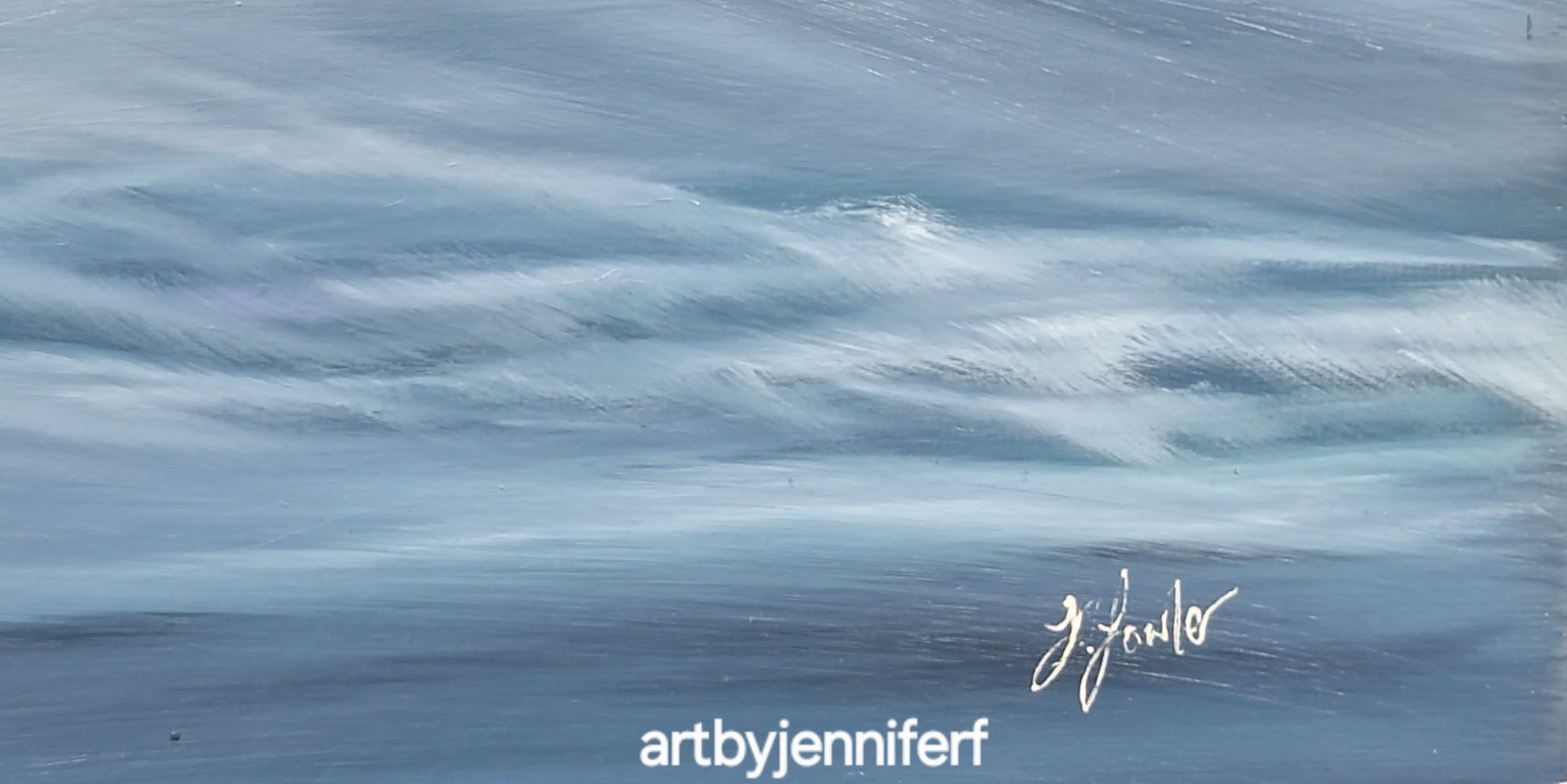 Close-up detail of Ocean Breeze original oil painting by Jennifer F showing soft wave movement, blended blue tones and flowing brushwork within the ocean.