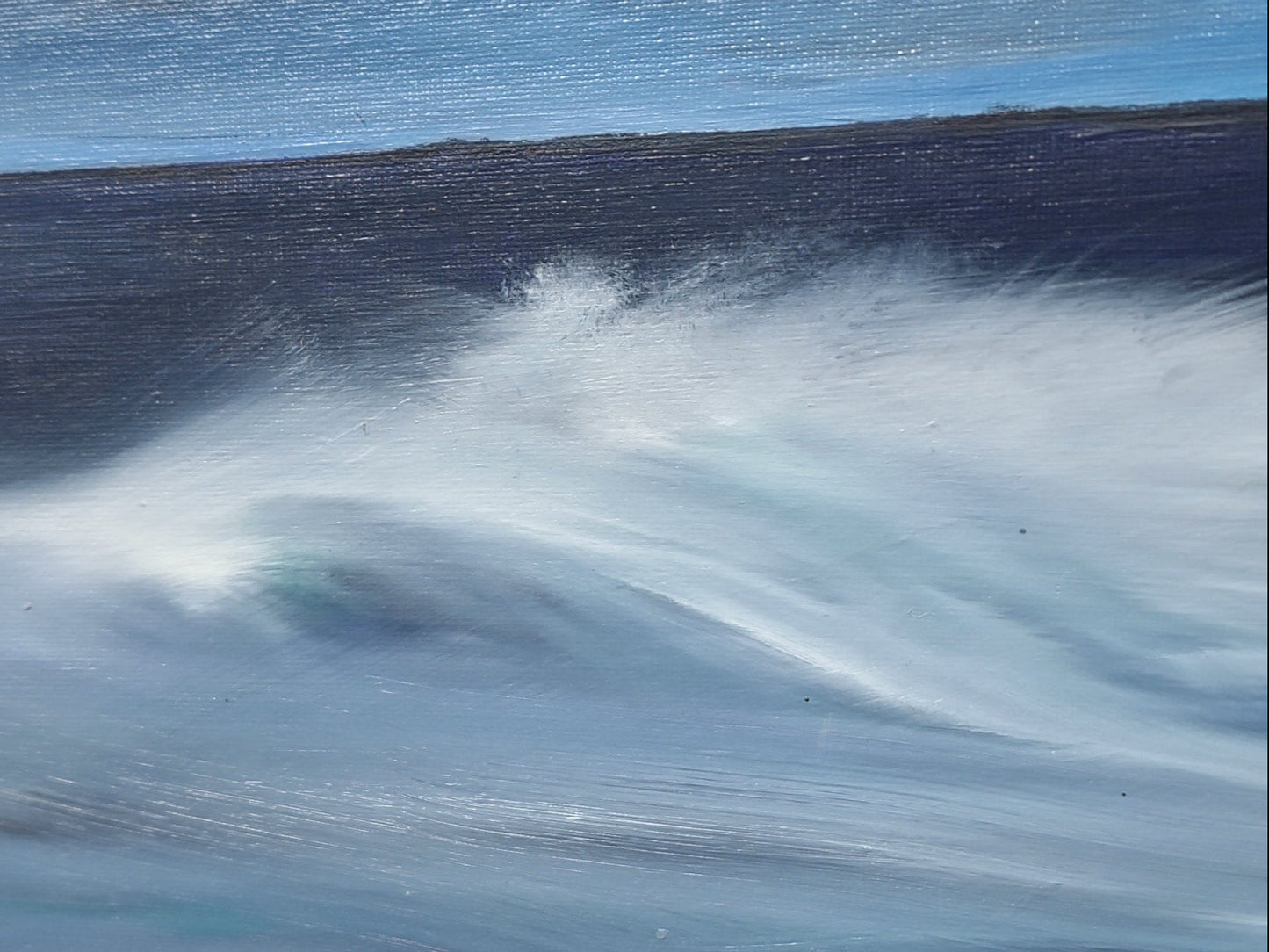 Close-up texture detail of Ocean Breeze original oil painting by Jennifer F, capturing layered wave movement, soft white highlights and atmospheric blue tones.