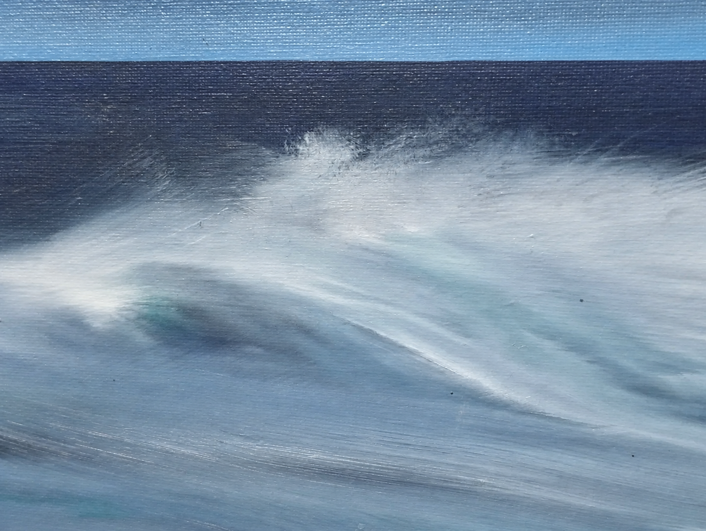 Close-up texture detail of Ocean Breeze original oil painting by Jennifer F, showing a level horizon, layered wave movement and atmospheric blue tones.