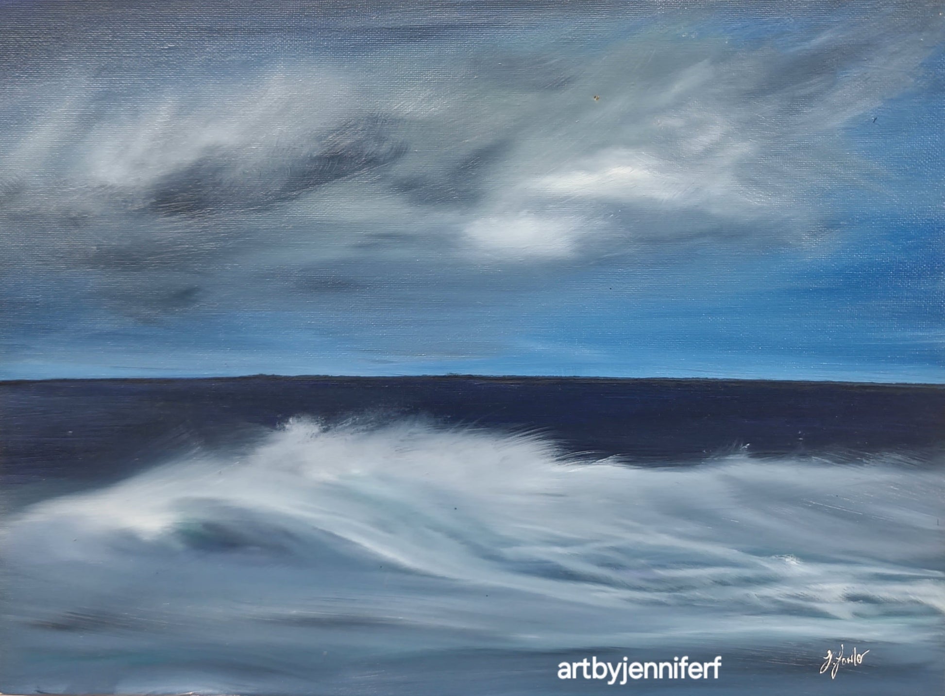 Ocean Breeze original oil painting by Jennifer F featuring a sweeping ocean wave beneath a dramatic blue sky, painted in calming blue tones with a spacious horizon.