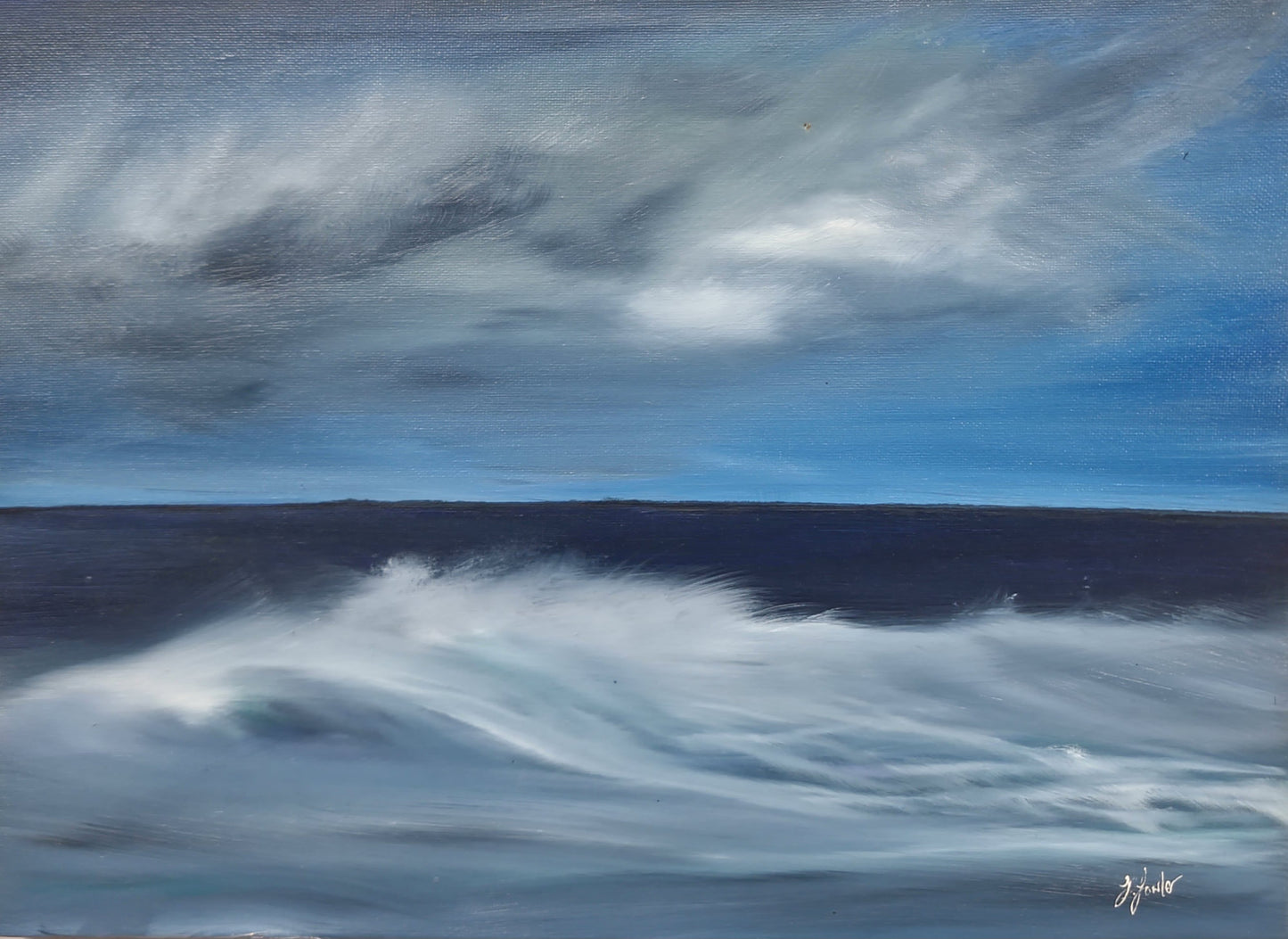 Ocean Breeze original oil painting by Jennifer F, showing layered blue waves beneath a soft atmospheric sky.