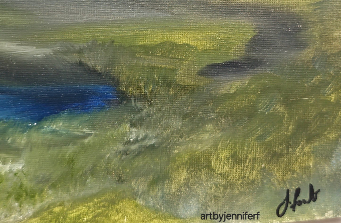 Close-up detail of Quietly Sheltered original oil painting by Jennifer F showing layered grasses, soft landscape movement and atmospheric natural textures.