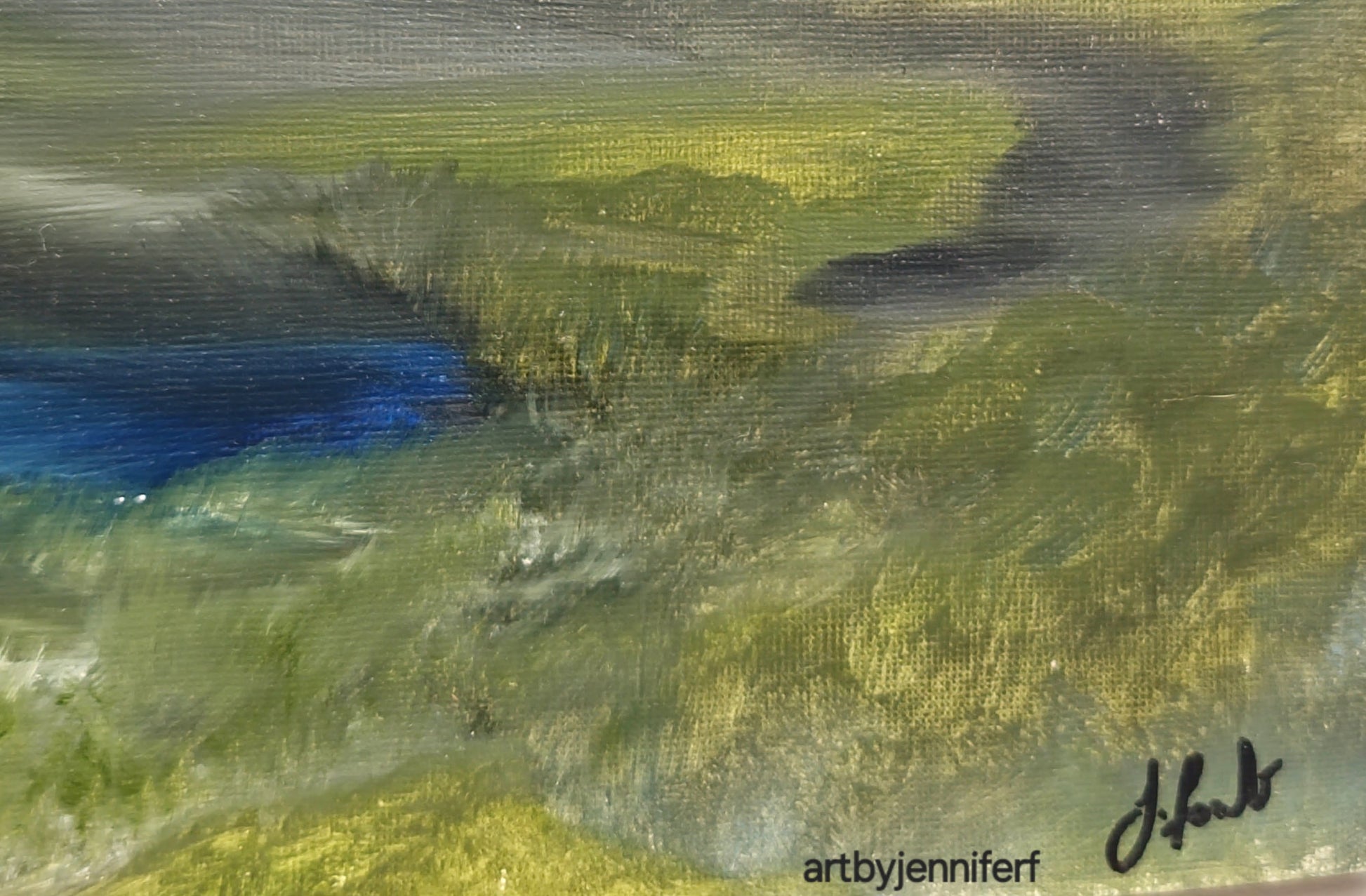 Close-up detail of Quietly Sheltered original oil painting by Jennifer F showing layered grasses, soft landscape movement and atmospheric natural textures.