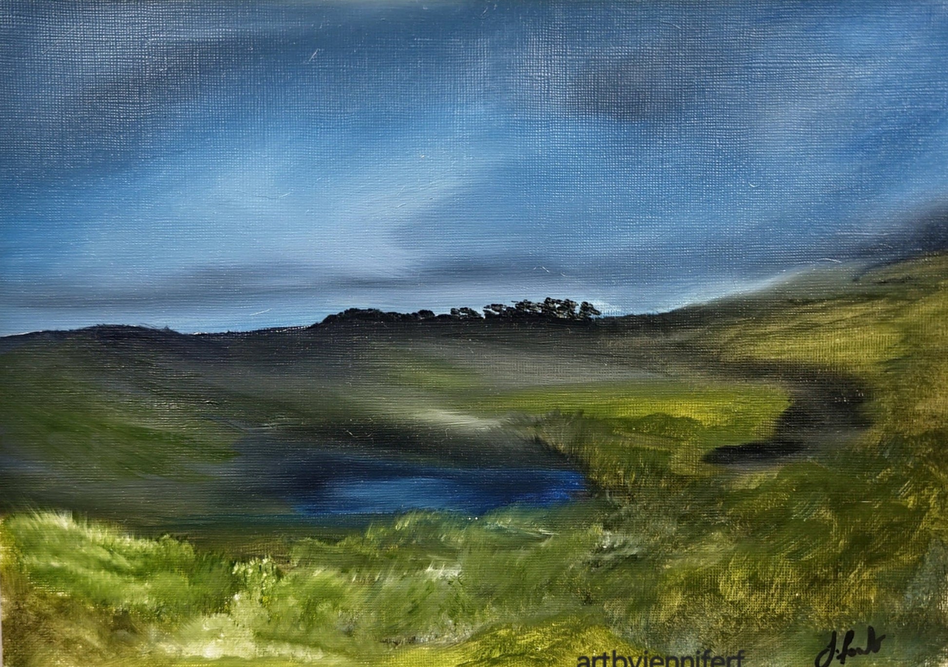 Quietly Sheltered original oil painting by Jennifer F featuring a soft landscape with distant water, rolling green hills and atmospheric skies in calming natural tones.