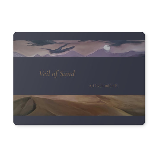 Veil of Sand rectangular art placemat by Jennifer F, featuring warm desert dunes beneath violet mountains and a softly coloured sky, with the artwork title across the centre.