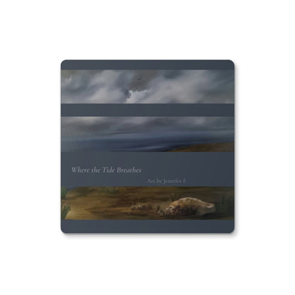Square Where the Tide Breathes art coaster by Jennifer F, featuring horizontal sections of a coastal painting with grey-blue clouds, dark sea and an earthy shoreline.