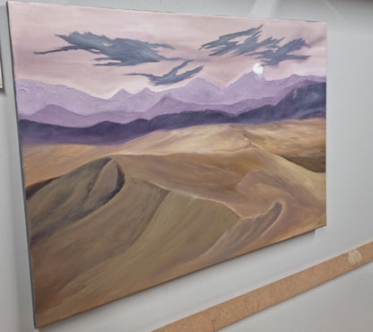 Angled view of the complete Veil of Sand original painting displayed against a wall.