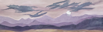 Close-up detail of layered violet mountains, dark elongated clouds and a pale disc in Veil of Sand by Jennifer F.