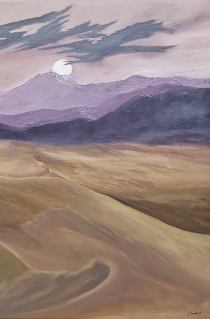 Vertical detail showing flowing sand dunes, violet mountains, dark clouds and a pale disc in Veil of Sand by Jennifer F.