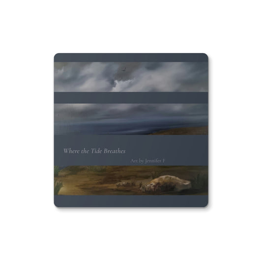 image0Square Where the Tide Breathes art coaster by Jennifer F, featuring horizontal sections of a coastal painting with grey-blue clouds, dark sea and an earthy shoreline.